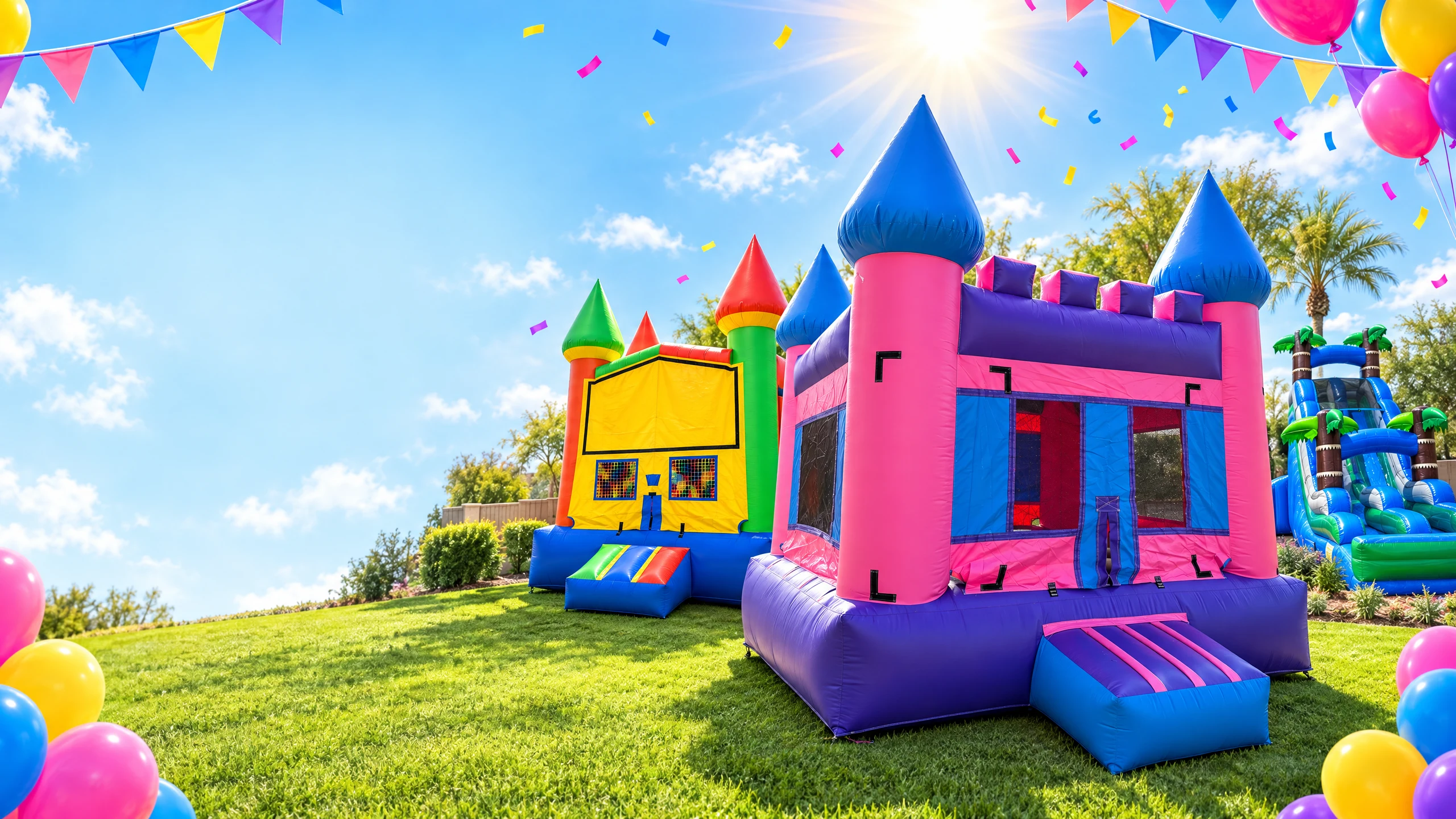 The colorful pink and rainbow castle bounce houses in a styled backyard party scene